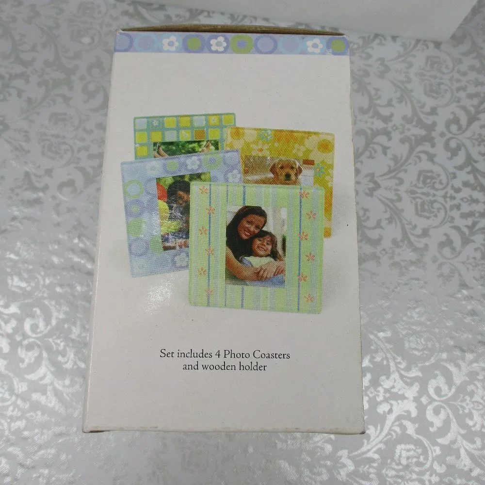 Set of 4 Glass PHOTO Coasters With Holder NIB
